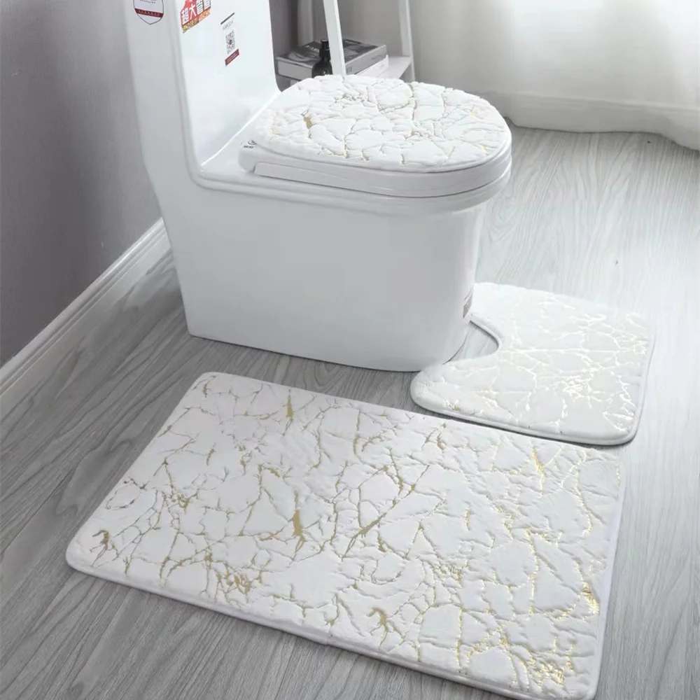 3pcs/set Modern Marbled Bathroom Mat Set Fluffy Nonslip Washable Bath Carpet Toilet Lid Cover