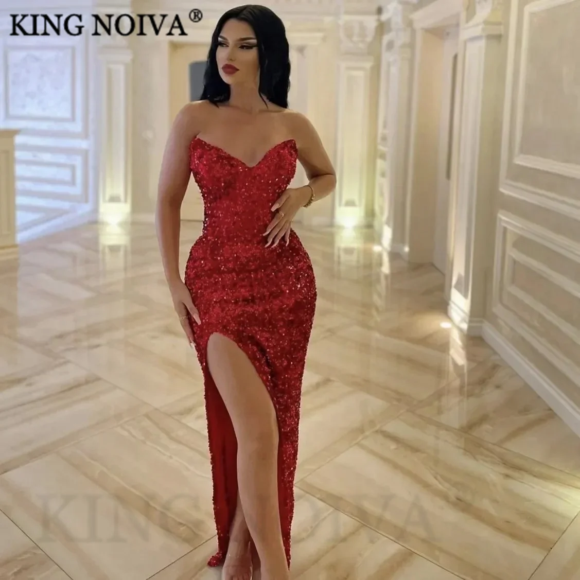 

KING Shimmering red sexy mermaid Evening Dresses For Women 2024 side slit Sweetheart Prom Dress Floor Length vestidos de noche