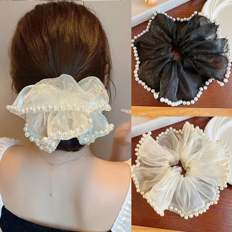 Korean Fashion Fluffy Organza Large Hair Scrunchies Fairy Pearl Mesh Ponytail Holder Rope for Woman Girls Hair Accessories 50pcs lot 13x18cm mix color drawstring organza bags jewelry packaging bags candy wedding bags wholesale gifts pearl mesh pouches