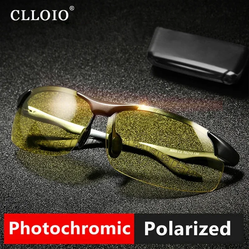 Photochromic sunglasses aluminium rimless day night vision anti-glare polarized driving travel fishing goggle