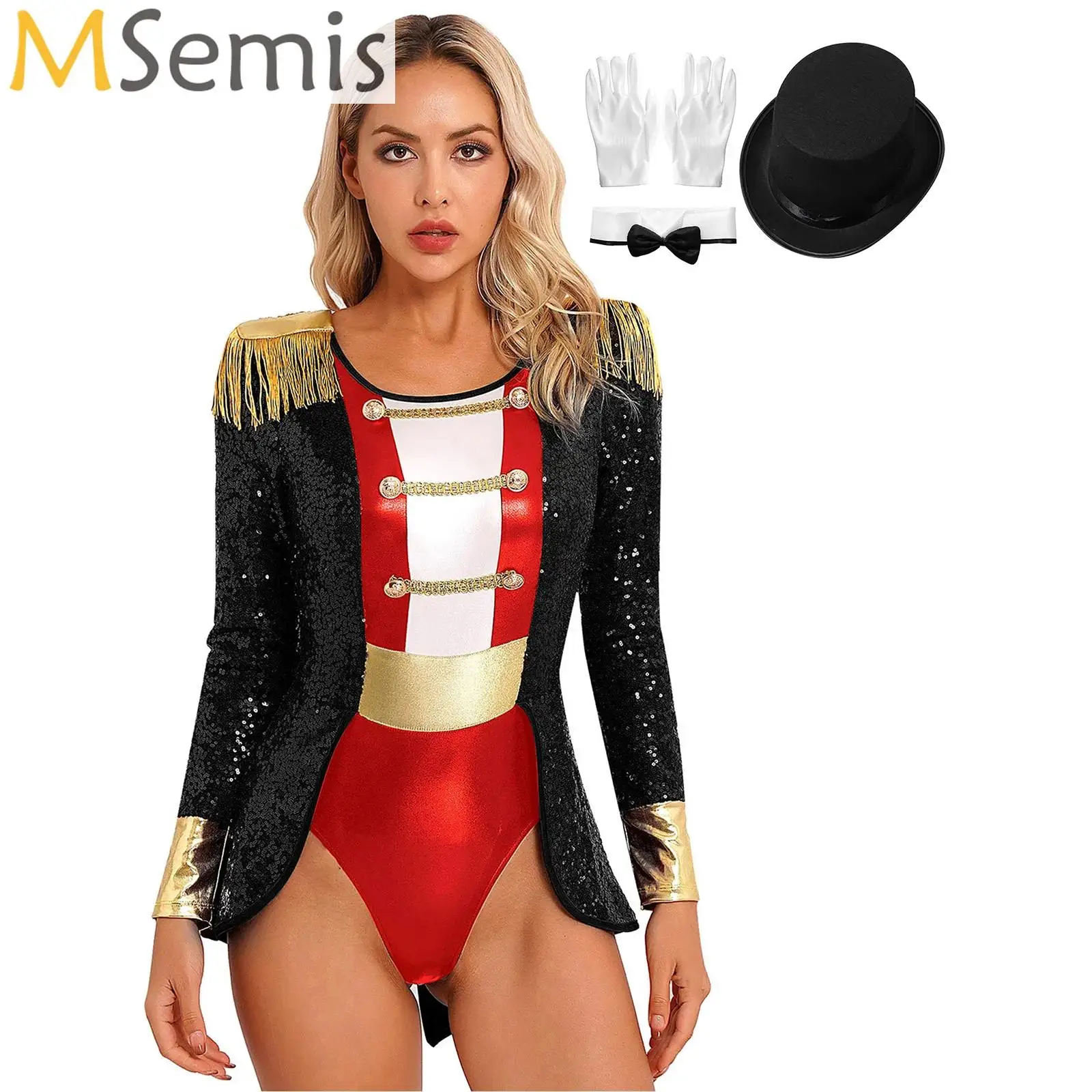 

Women's Ringmaster Costume Circus Ring Leader Tassel Leotard Bodysuit Outfit Master Lion Tamer Set for Stage Shows Fancy Dress