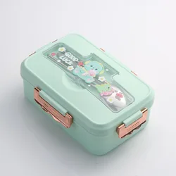 Kawaii Dinosaur Bento Lunch Box for Kids - Cartoon Design with 3 Compartments for Snacks and Meals (Green)