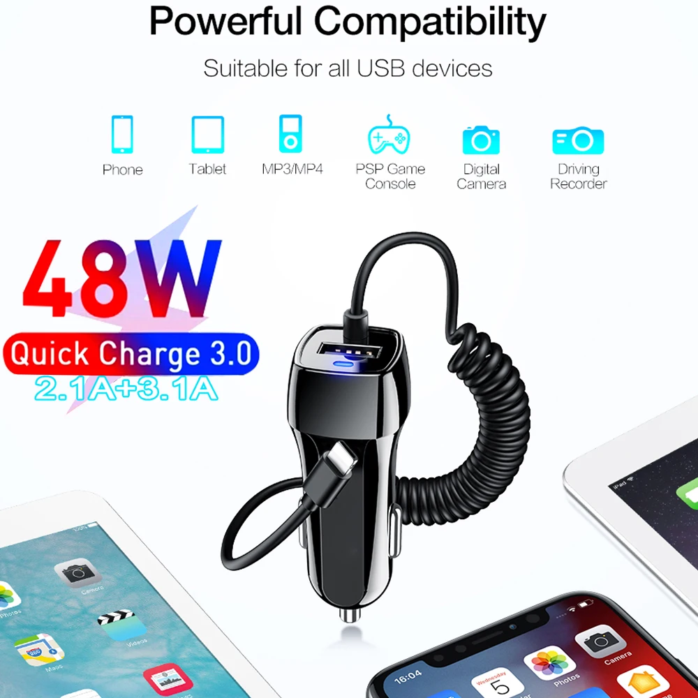 Car Charger 48W USB Fast Stretch Cable Adapter for IPhone13 12 11 14 Pro Max Samsung Galaxy Note20 Android Type-c