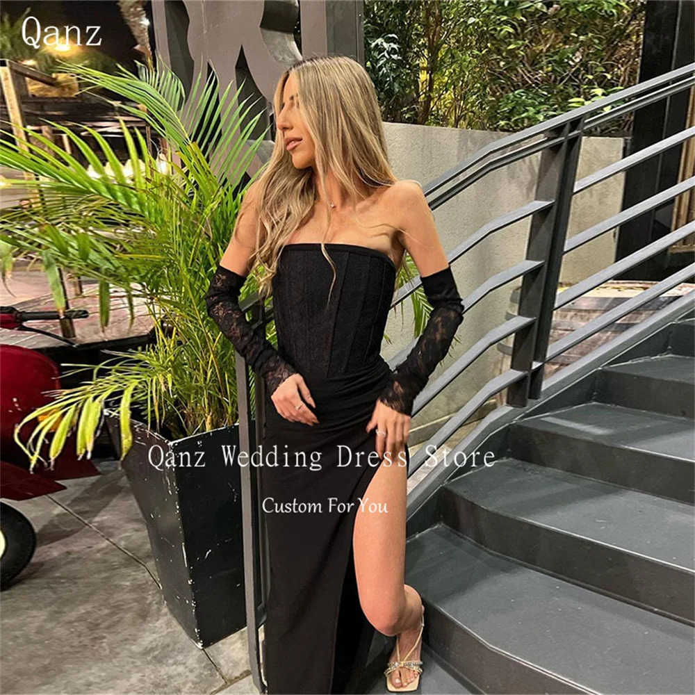 

Qanz Strapless Black Prom Dress Long Sleeves Pleat Lace High Slit Satin Dress Women Elegant Party Mermaid Evening Luxury Dress