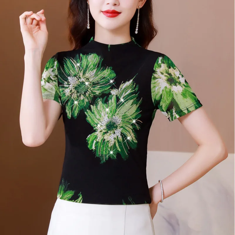 

#9240 Сетчатая футболка с цветочным принтом, женская сексуальная облегающая офисная эластичная короткая футболка со стразами, Женская винтажная женская футболка, летняя