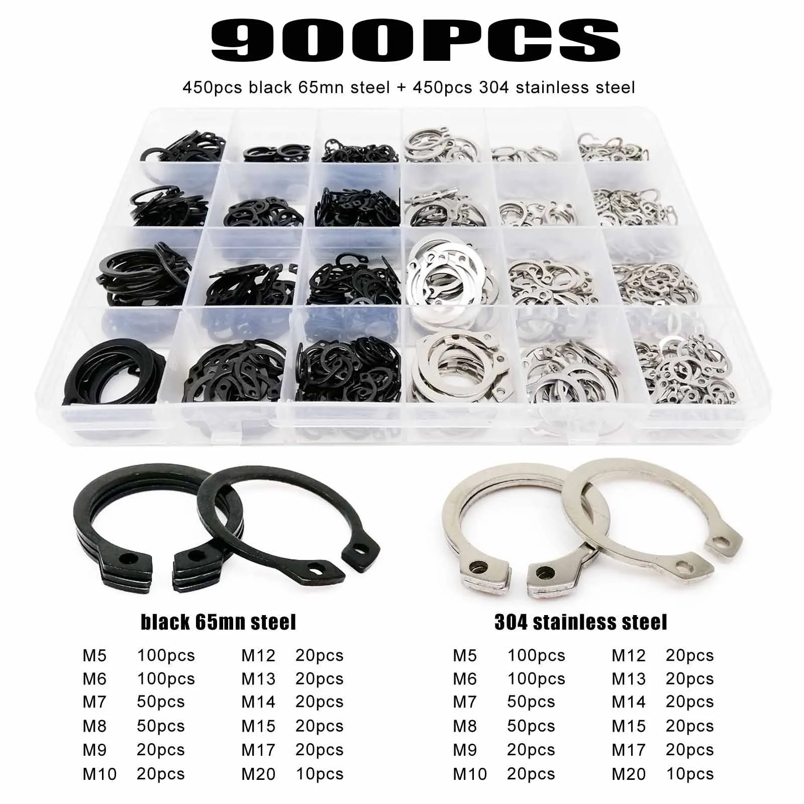 

500/900pc Assortment Kit Set M5 to M20 Stainless Steel Black 65mn Shaft Bearing Retaining Clip Snap Ring C Type External Circlip