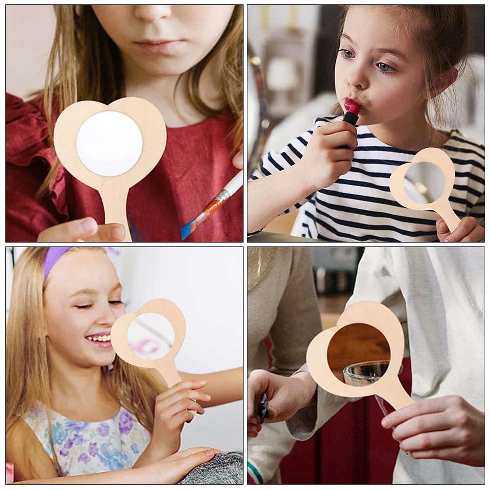12pcs 하트 모양의 나무 거울 DIY 빈 휴대용 어린이 그림 공예 액세서리 미완성 미니 화장대 거울 장난감