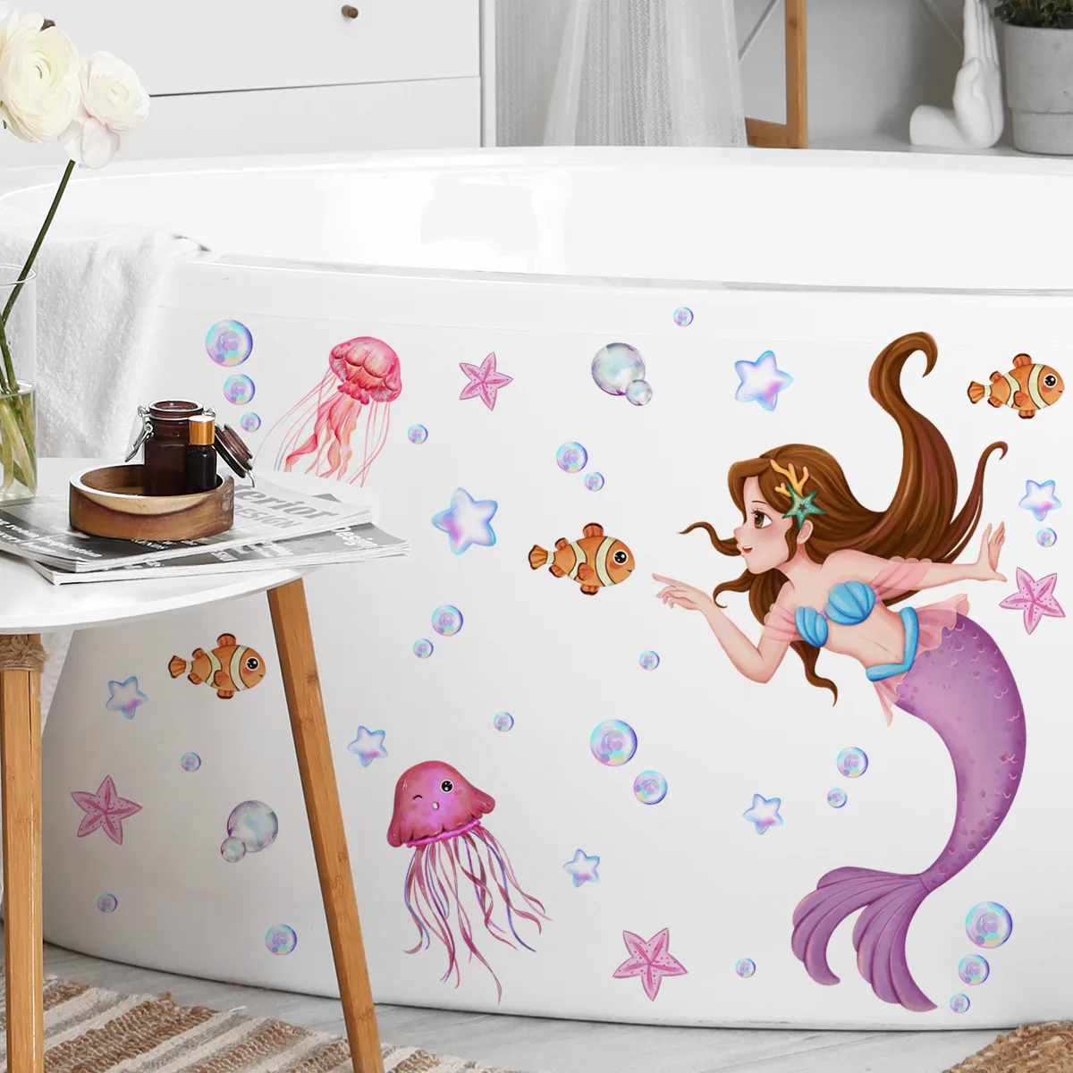 Under The Sea Ocean Creatures Mermaid Wall Decals Bathtub Stickers for Bathroom Nursery Creative Decoration Self-Adhesive Murals