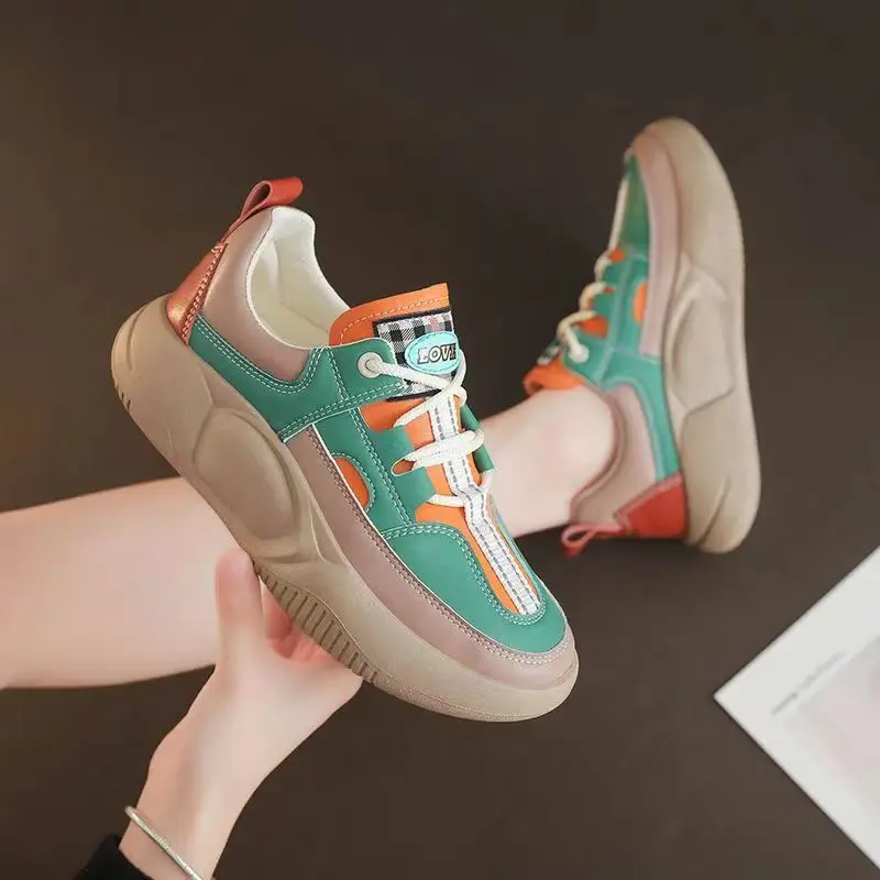 

Fashion Trend Women's Casual Shoes 2023 Spring New Leather Retro Casual Comfortable Thick Sole Colored Board Shoes