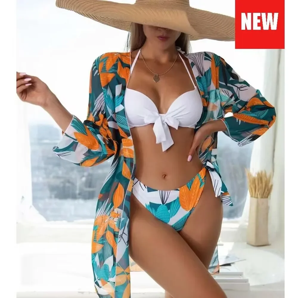 Three Pieces Bikini Set Cover Up Women 2023 New Push Up Twist Swimsuit Print Long Sleeve Swimwear Biquini Bathing Suit Summer