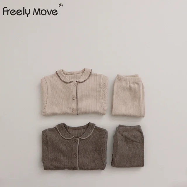 Freely Move 2022 Spring Autumn Boys Girls Button Down Lapel Pajamas Childeren Clothing Sets Kids Solid Color Homewear