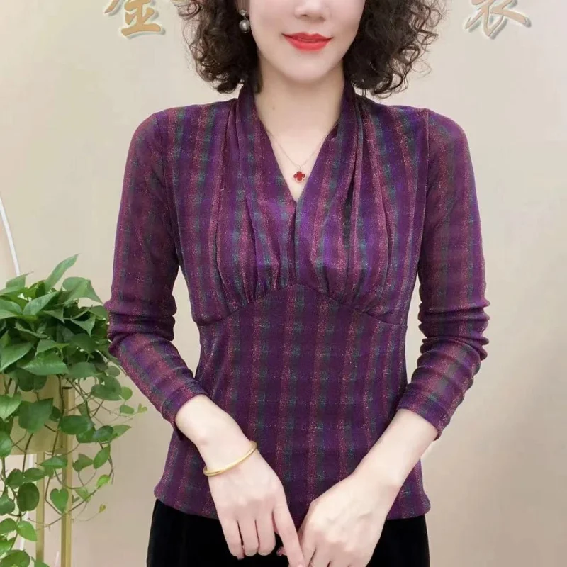2023 New Women's Clothing Spring Autumn Long Sleeve Chiffon Commuter Slim V-Neck Fashion Casual All-match Checkered Blouse