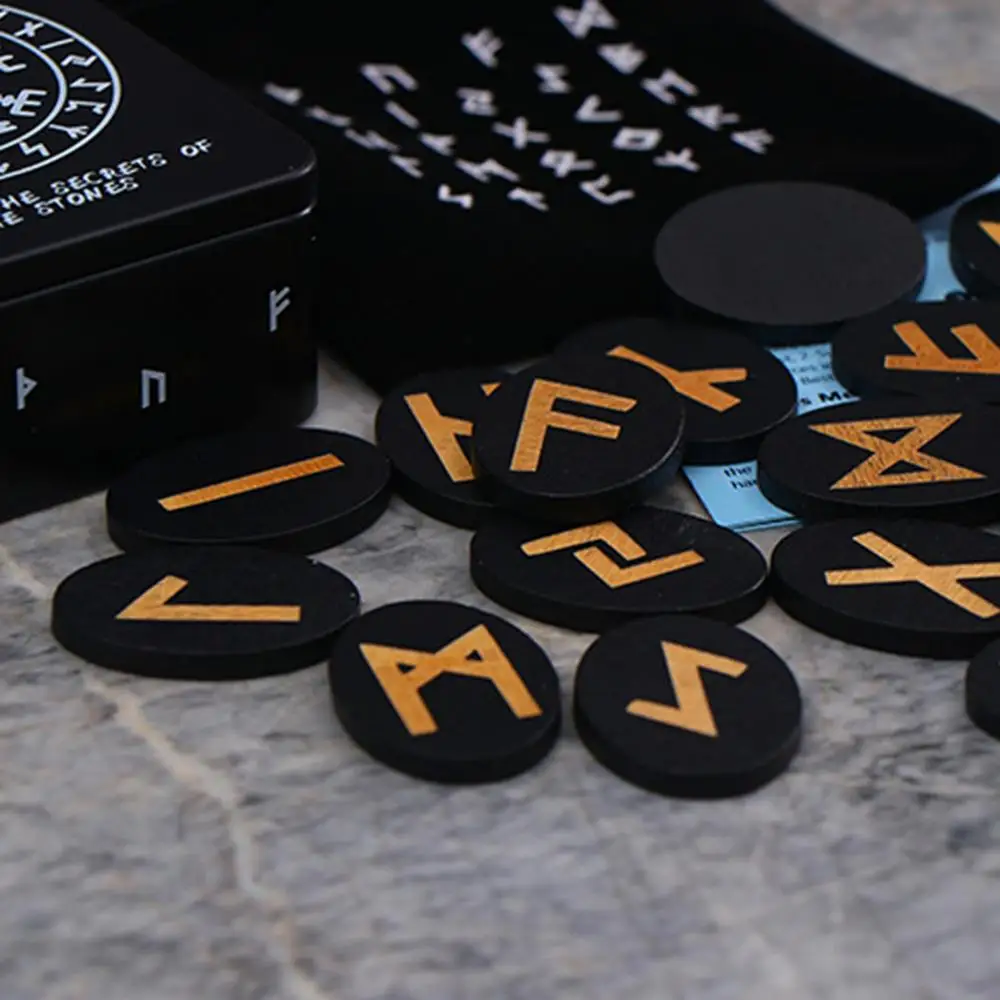 Witches Runes Set Altar Divination Tools with Manual and Storage Bag 25Pcs Wood Runes Altar Runes for Beginners Board Game