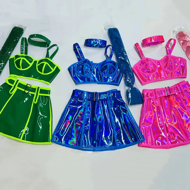 

Sexy Bar DJ Gogo Dance Costume Fluorescent Laser Tops Skirt Braid Wig Stage Rave Outfit Festival Party Show Performance Clothes