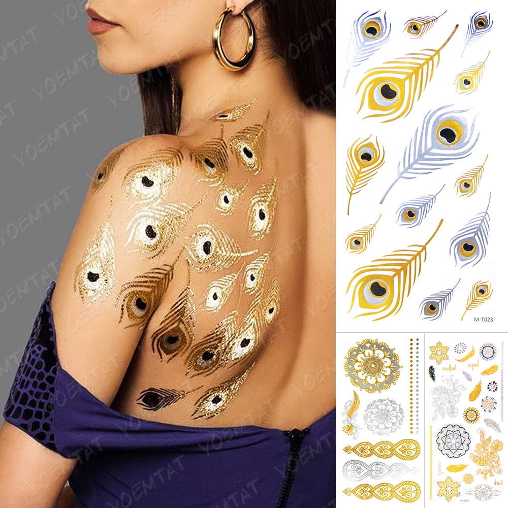 

Waterproof Temporary Tattoo Sticker Peacock Feather Gold Silver Metallic Flash Tatoo Boho Henna Mandala Glitter Bracelet Body