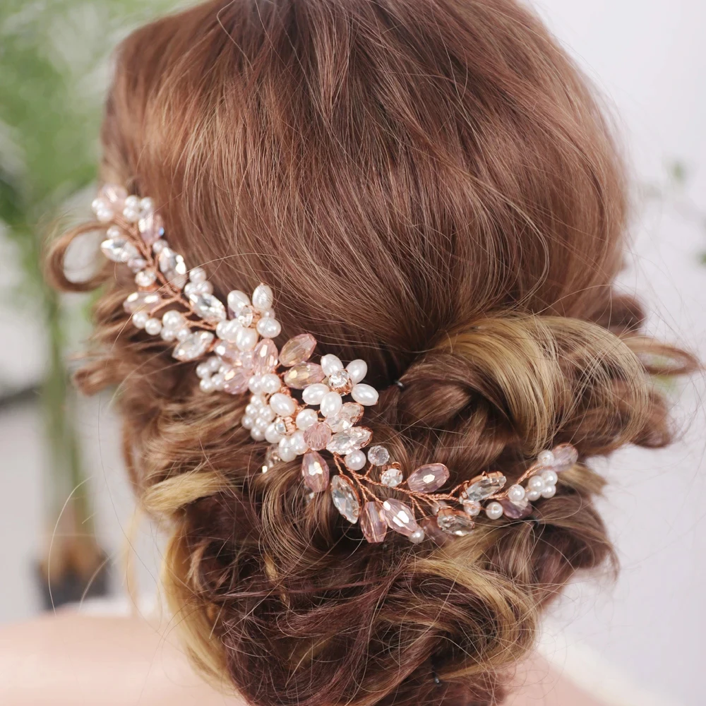 Pink Crystal Rhinestones Hair Comb Pink Wedding Head Jewelry Bridal Hair Accessories Women Tiara Handmade Ornament Headpiece