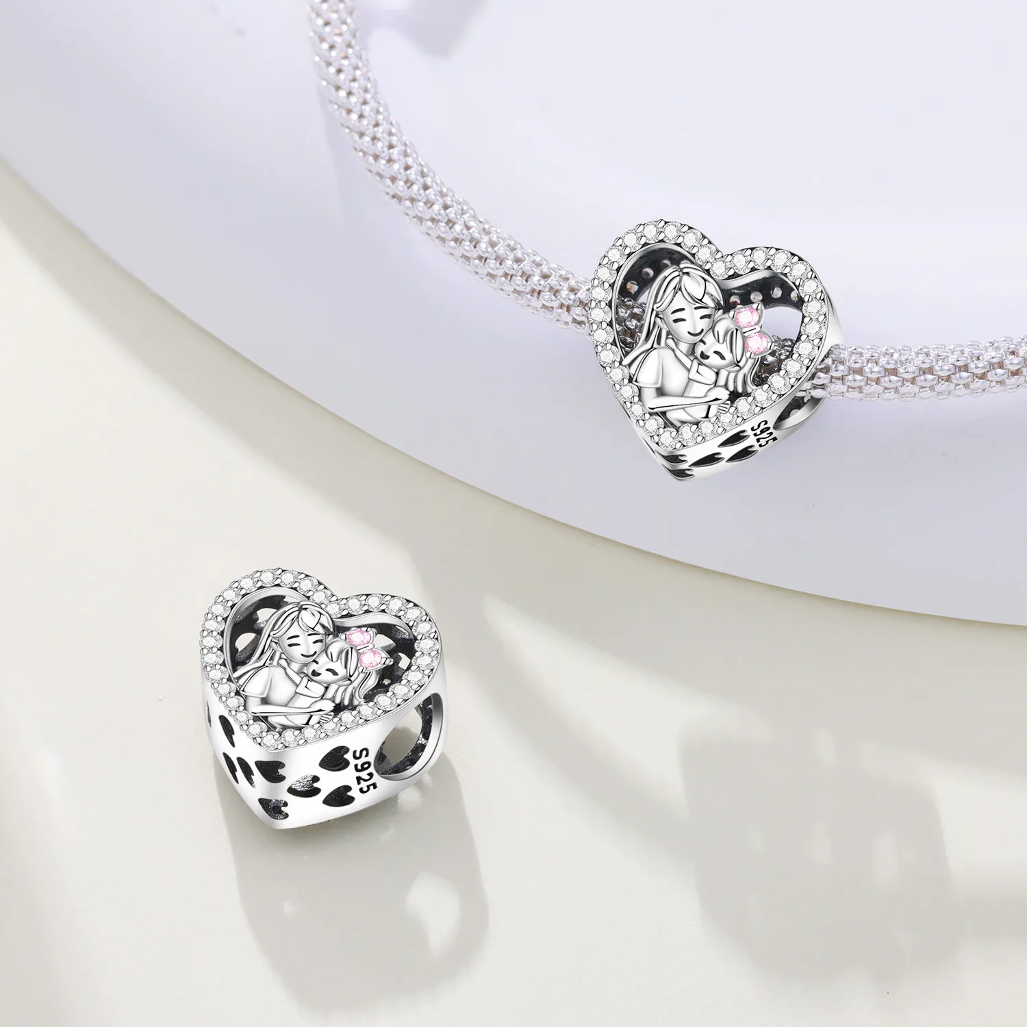 925er-Sterlingsilber, Liebesform, Mutter-Tochter-Anhänger, Armband-Charms, passend für Schmuck, Party-Perlen, DIY, feines Geschenk-Zubehör – Detail 3
