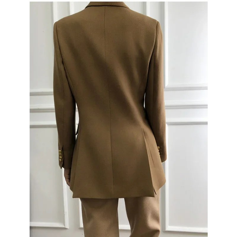 Women Worsted Wool Blazers Spring Notched Australian Slim Fit Suits Jackets Office Button Clothing Pocket Slit Coats Coffee Tops