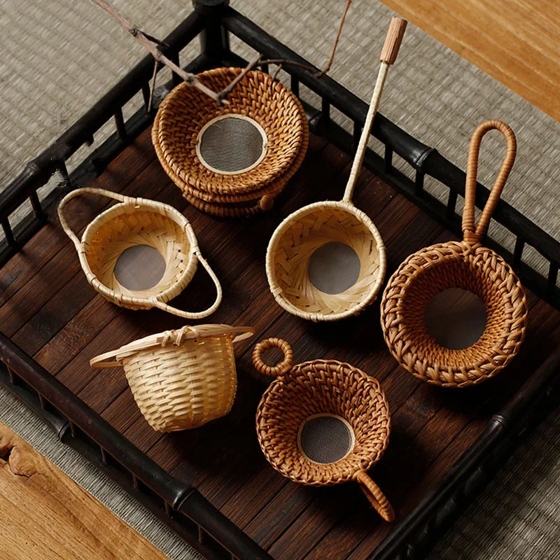 Bamboo Tea Strainer Traditional Kung Fu Tea Ceremony Utensils Japanese Rattan Wooden Leaves Funnel Home Kitchen Sieving Tool tea infuser,tea strainer,tea filter