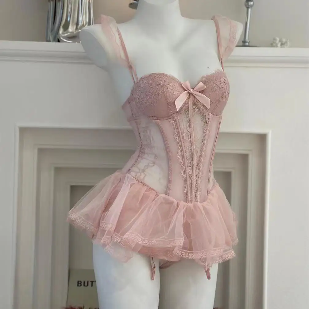 Sexy Lace Mesh See Through Nightwear Pink Tulle Bodysuit Women Fairy Princess Dreamy Nightgown Sweet Underwear Lingerie Outfits