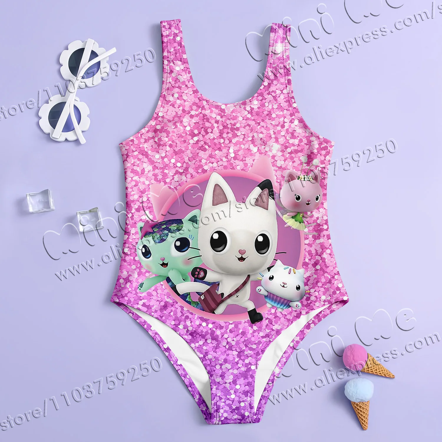MINISO Girl Summer One-Piece Swimsuit Fashion Cartoon Gabby Dollhouse sequin Series Print Women Swimwear Sleeveless Clothing 4
