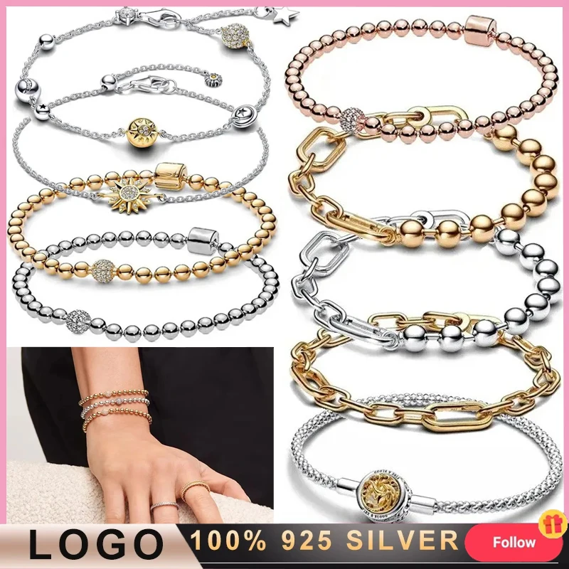 New Women's Exquisite Bracelet 925 Silver Original Logo ME Bead Chain Bracelet Two tone Shining Sun Chain Bracelet DIY Jewelry e0bf manual rotation rice bead piercer spin beading bowl for jewelry making waist bead spinner for diy beading bracelet craft