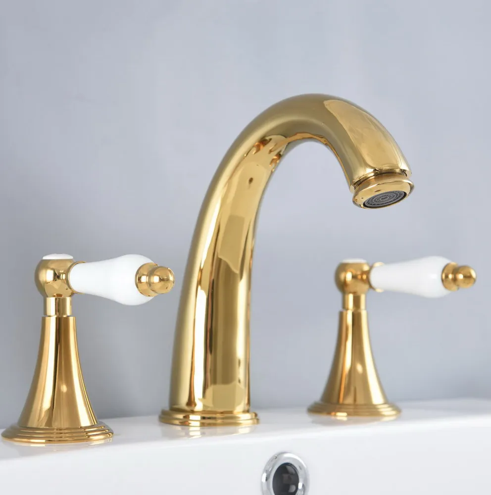 

Polished Gold Color Brass Deck Mounted Dual Handles Widespread Bathroom 3 Holes Basin Faucet Mixer Water Taps mnf990