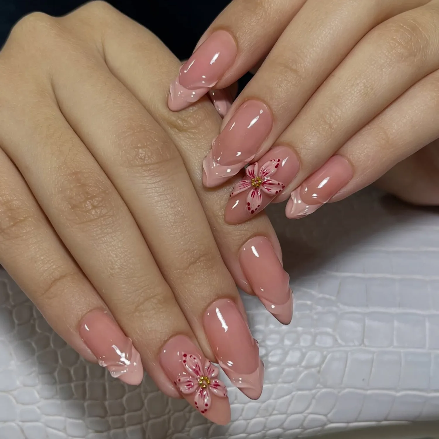24PCS Pink Almond Press-On Nails with 3D Floral Design and Golden Pearl Accent