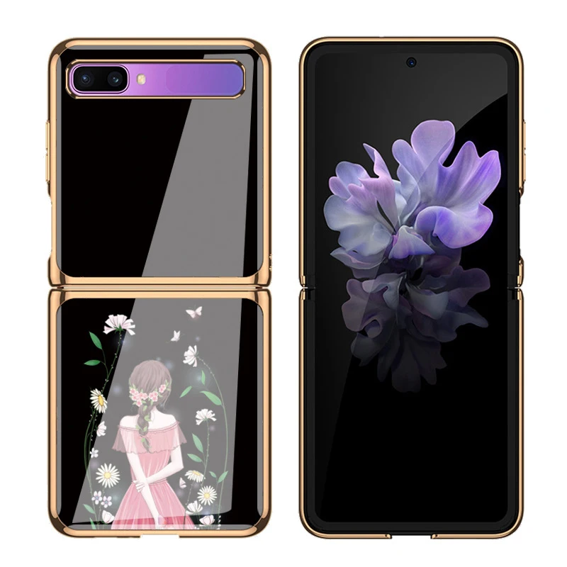 Z Flip 4 Funda Case for Samsung Galaxy Z Flip 4 3 2 1 Daisy Girl Pattern Plating Tempered Glass Shell Coque Phone Case Cover
