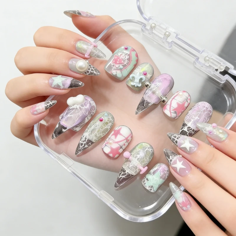 믹스드 쉐입 핸드메이드 프레스온 네일 파스텔 카와이 키티캣 테마 3D 리본 & 거미줄 장식 귀여운 소녀들을 위한 가짜 손톱