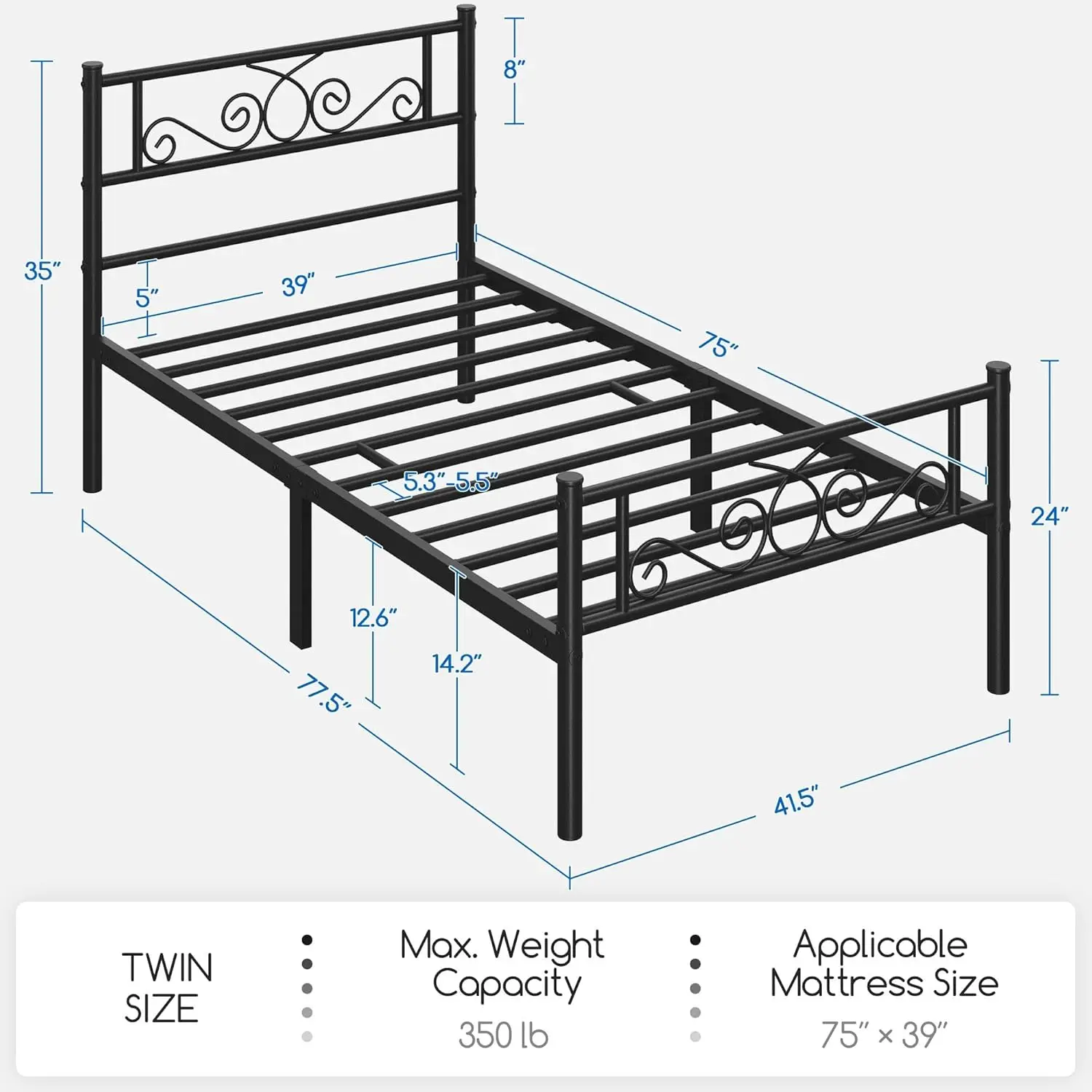 Twin Bed Frames Metal Platform Bed with Headboard and Footboard No Box Spring Needed Easy Assembly,Ground Clearance 2