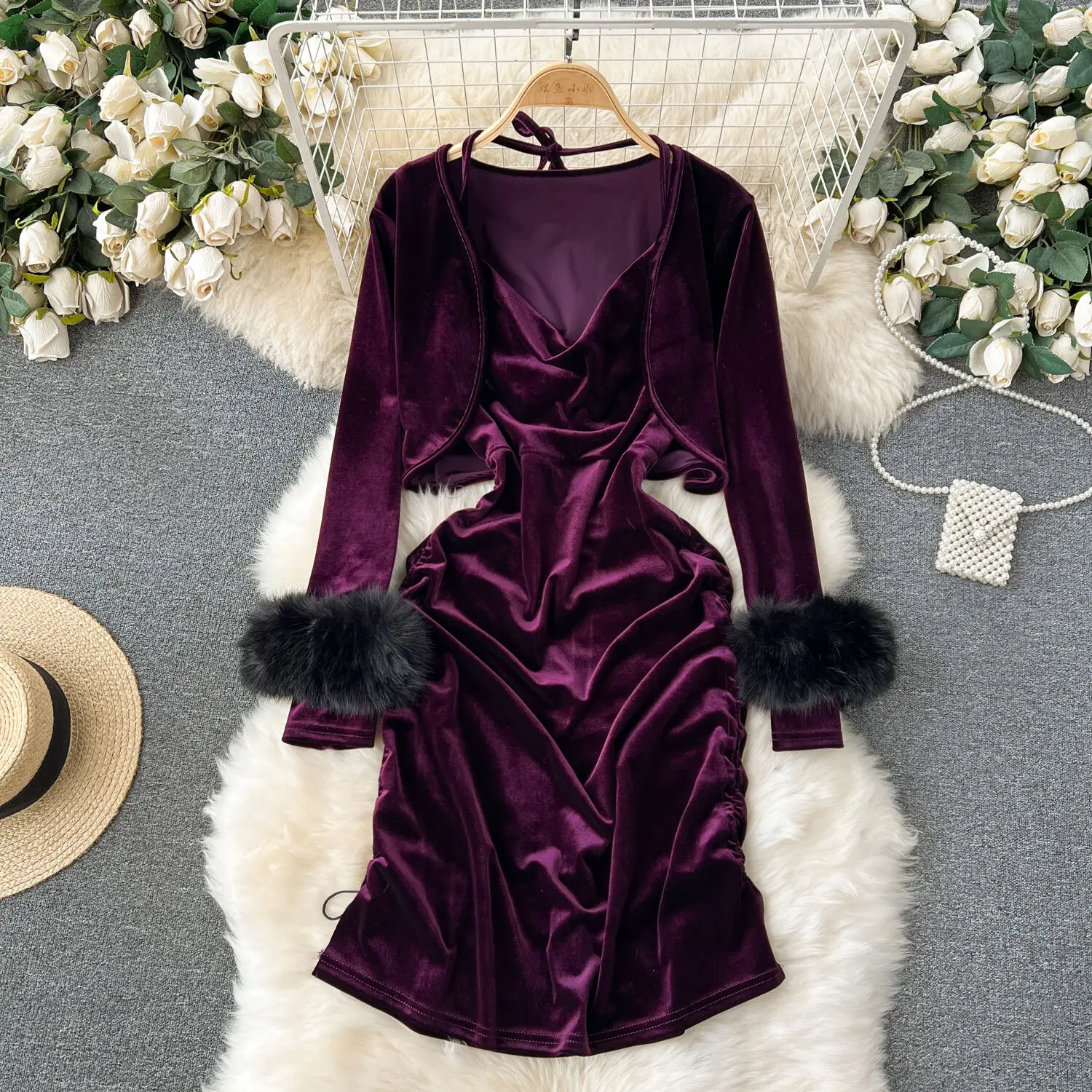 

Autumn Winter 2 Pieces Set for Women Sexy Halter Neck Sleeveless Drawstring Ruched Mini Velvet Dress and Short Jacket Coat Suits
