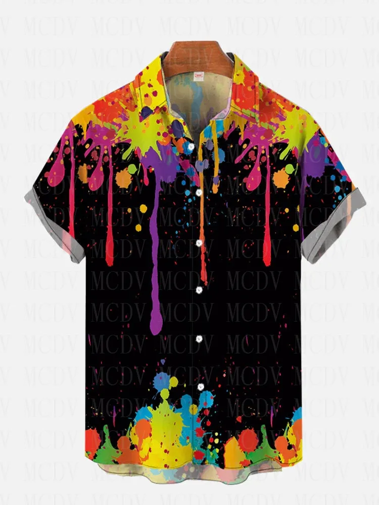 Street Style Hawaiian Rainbow Splatter Paint Graffiti Printing Short Sleeve Shirt Summer Women For Men Tops