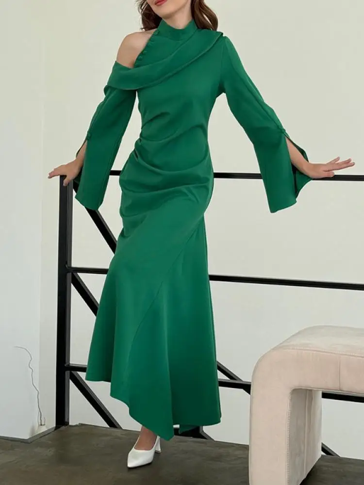 

Modigirl, однотонное платье с расклешенными рукавами, асимметричное платье на молнии с пуговицами, женские вечерние платья с открытыми плечами, Макси-платья