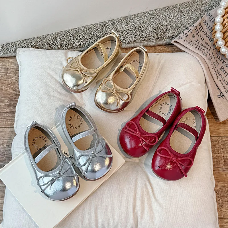 Girls Leather Shoes Soft Sole Bow Anti Slip