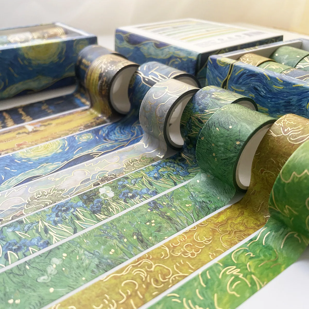 MOHAMM 8 PCS Washi Paper Gold Foil Van Gogh Oil Painting Starry Sky Masking Tapes Set for Scrapbooking DIY Crafts Decoration 3