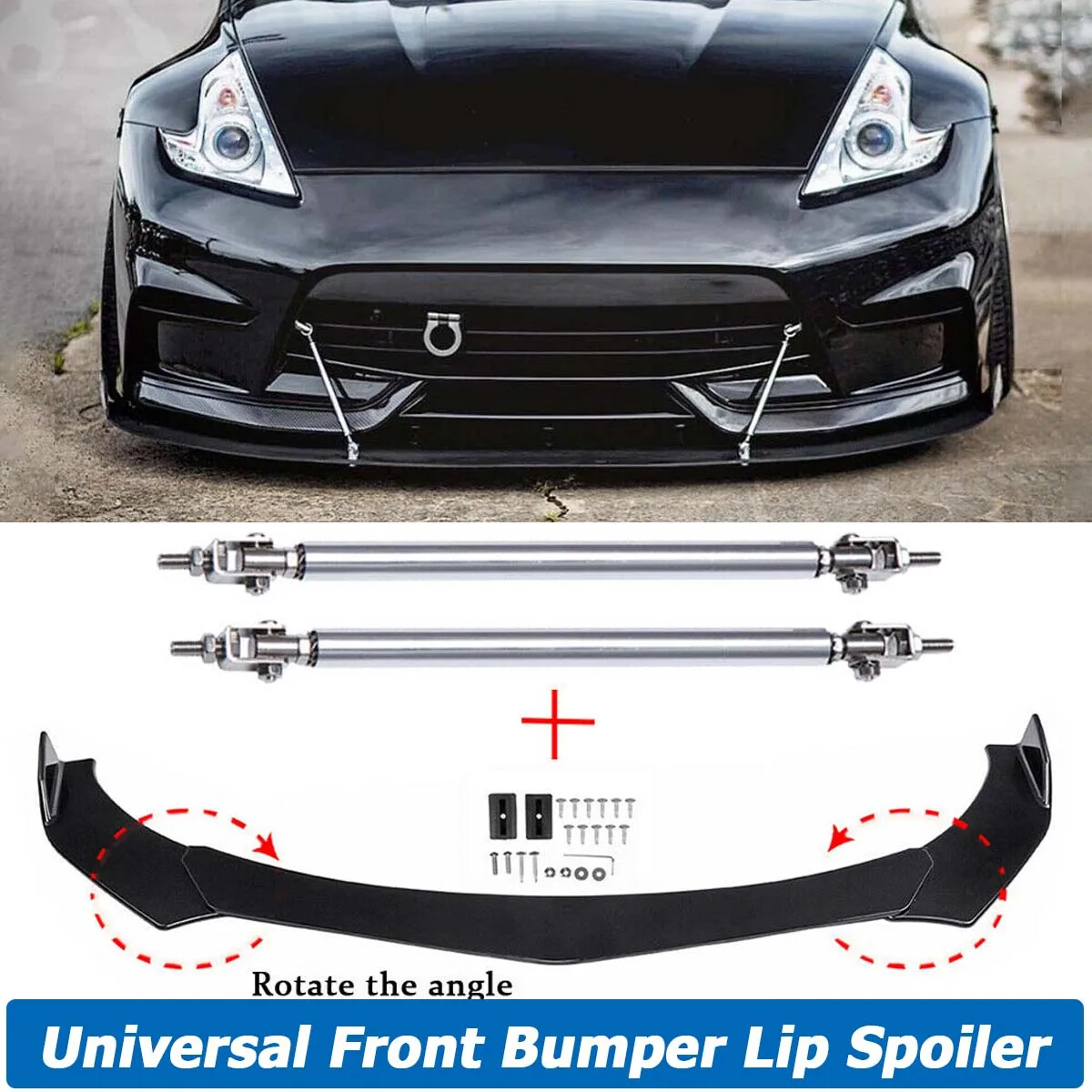 Universal Front Bumper Lip Spoiler Splitter Body Kit Guards W/ Strut