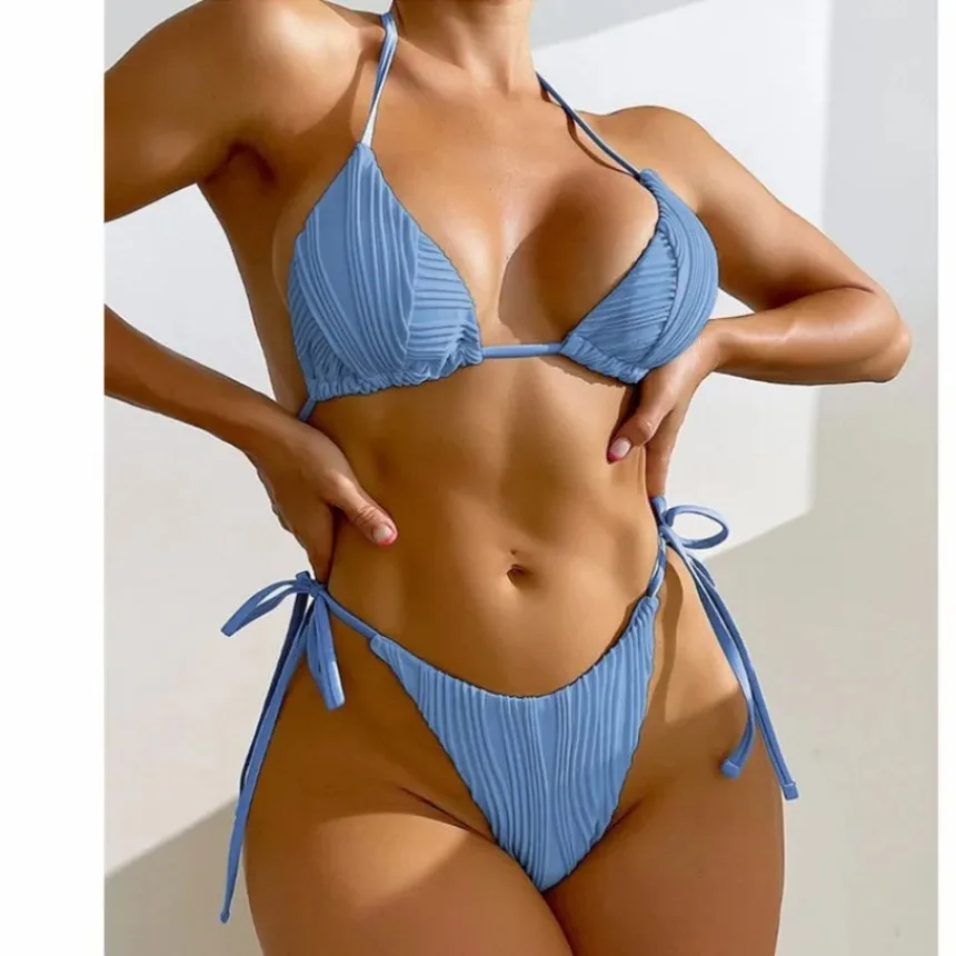 Women Sexy 2024 Micro Bikini Brazilian Sexy Stripe Solid Color Bikini Lace-up Split Swimsuit Women's Figure Display Bikini Set