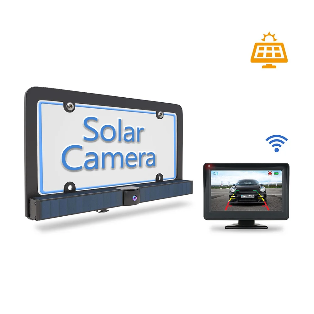 

License Plate Holder with Camera and Solar Panels for Car Reversing, 2.4G Digital Wireless 18650 Battery 4.3" Monitor IP67