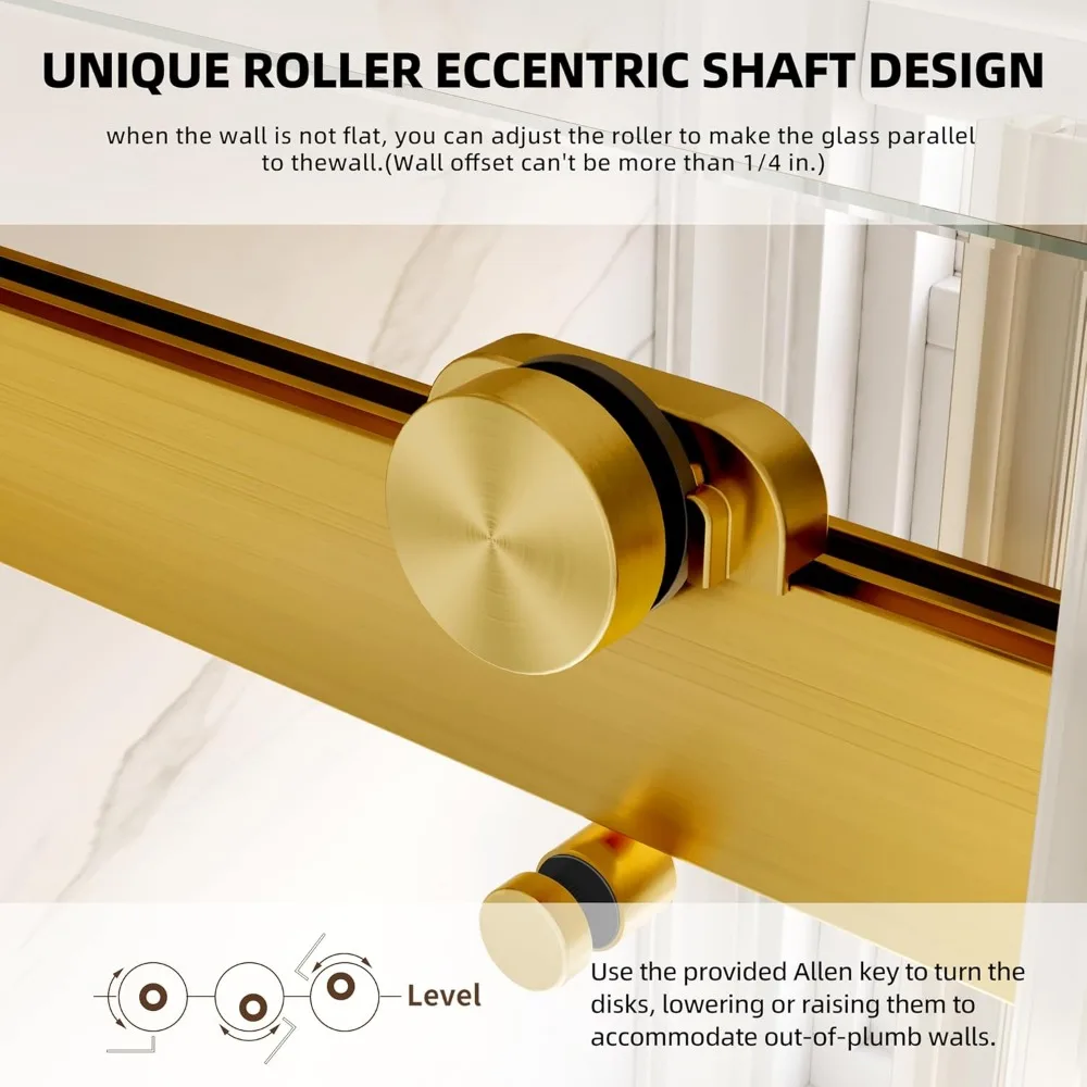 Frameless Shower Door, 56-60" W x 74" H Double Sliding Shower Door with 5/16" (8mm) Brushed Gold Finish Shower Doors 3