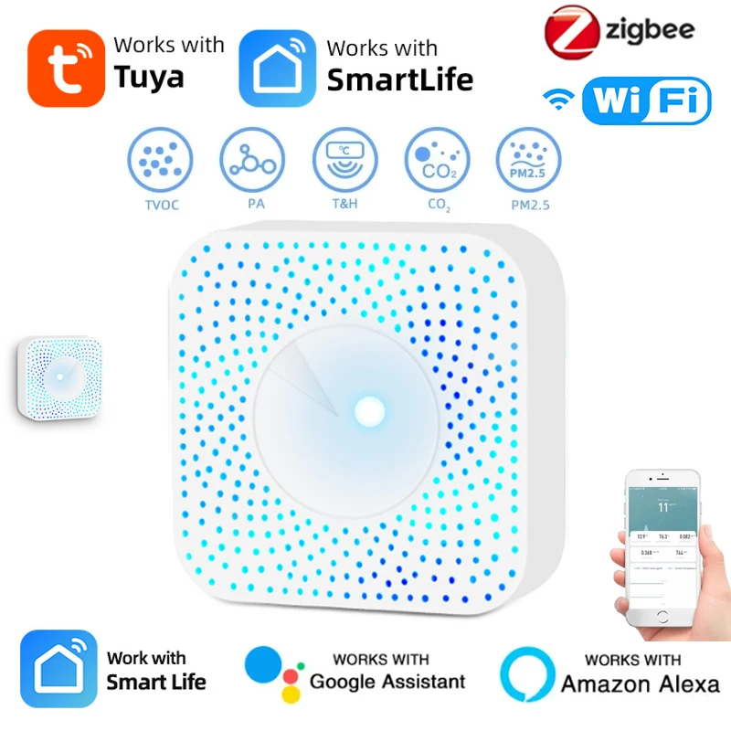 Tuya ZigBee/WiFi Air คุณภาพเครื่องตรวจจับ PM2.5 ฟอร์มาลดีไฮด์ VOC CO2 อุณหภูมิความชื้น 6in1 Smart Air Box Sensor ผ่าน Alexa Google 1