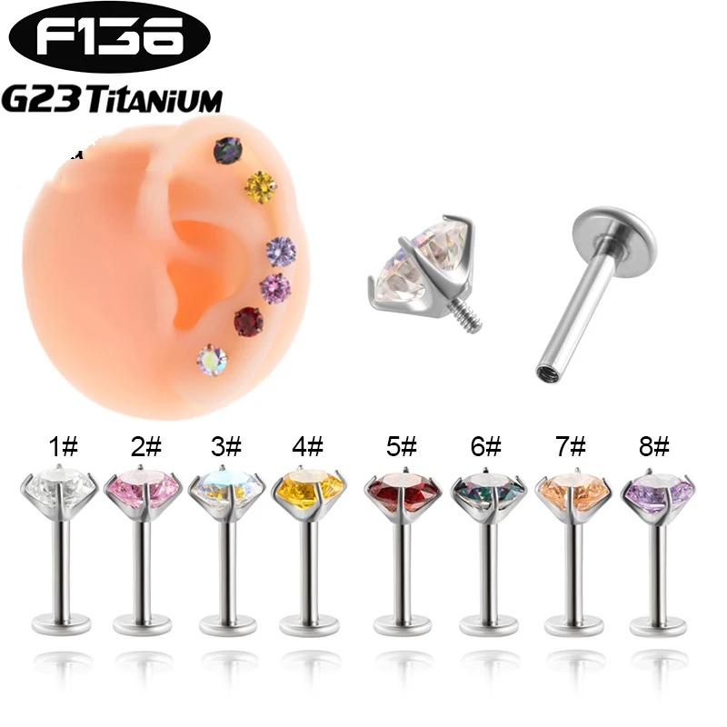 

10Pcs G23 Titanium Piercing Labret Lip Stud Internal Thread Colored Zircon Ear Stud Helix Cartilage Tragus Body Piercing Jewelry