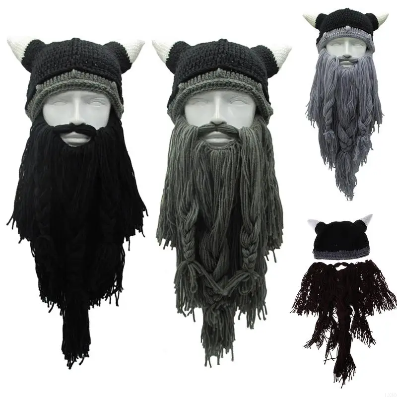 LXAD Interesting Barbarian Vagabond Beanie Hat Halloween Horns Bearded Caps