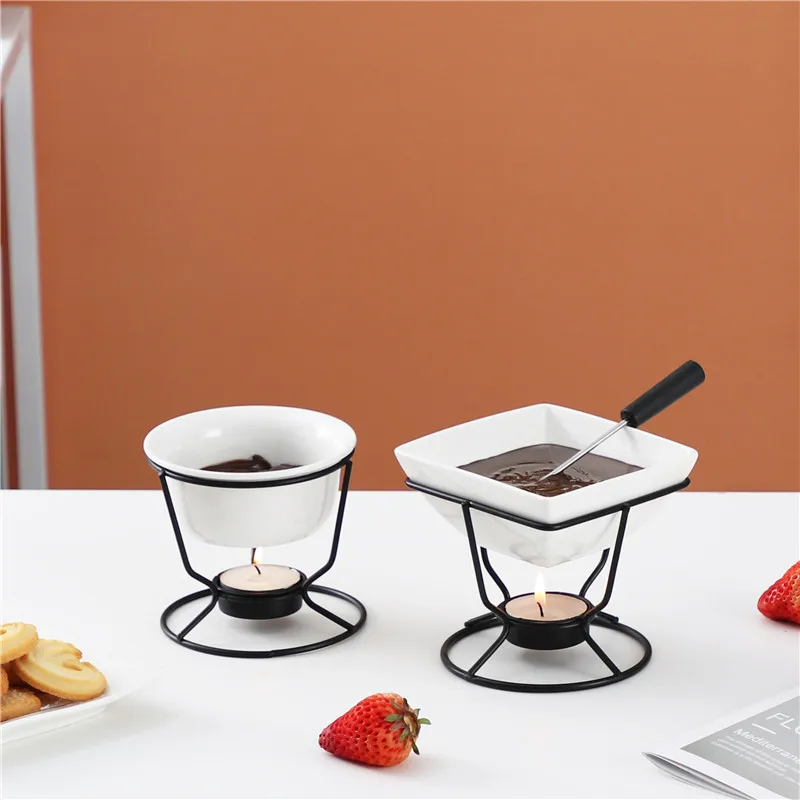 Ceramic White chocolate melting pot with metal stand for DIY fondue