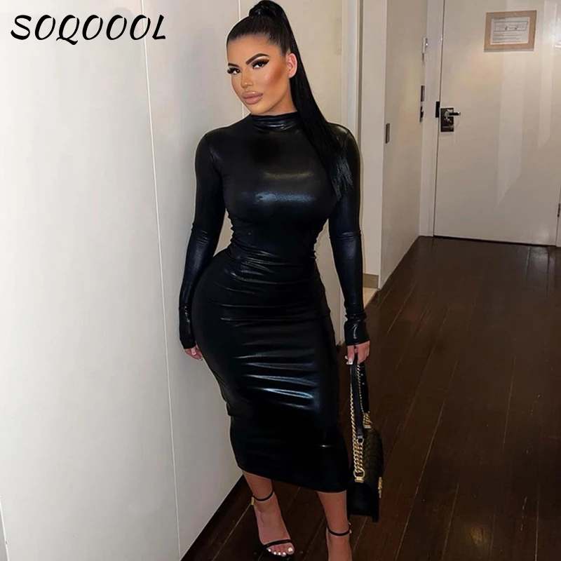 

Black Midi Bodycon Dress Women Turtleneck Long Sleeve Pu Leather Club Elegant Party Dresses Sexy Ladies Outfits Skinny Vestido