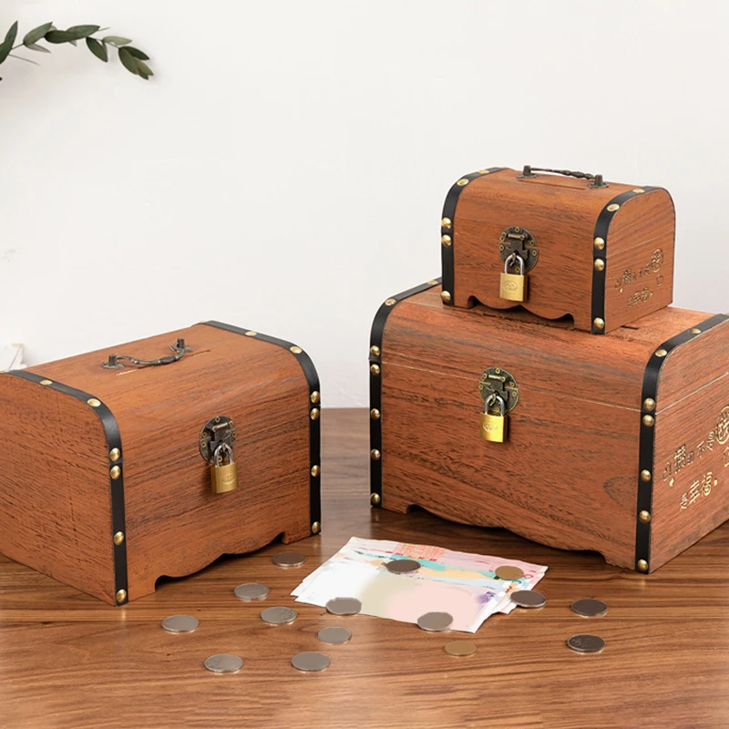 1 Set With Lock Piggy Bank Organizer Saving Case For Home Decoration Vintage Storage Box Wooden Treasure Chest_voghion.com