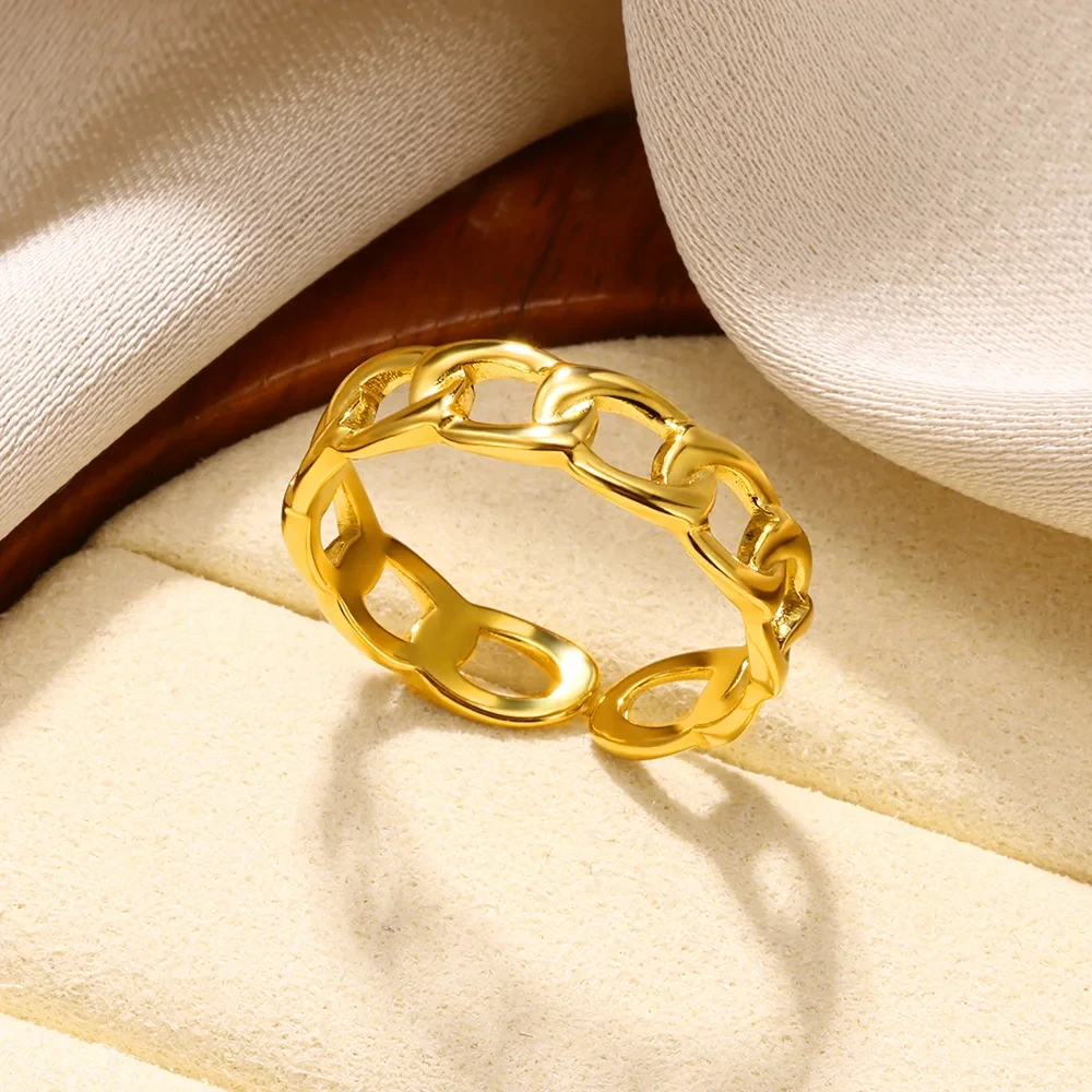 Stainless Steel Link Chain Rings For Women Gold Color Adjustable Ring