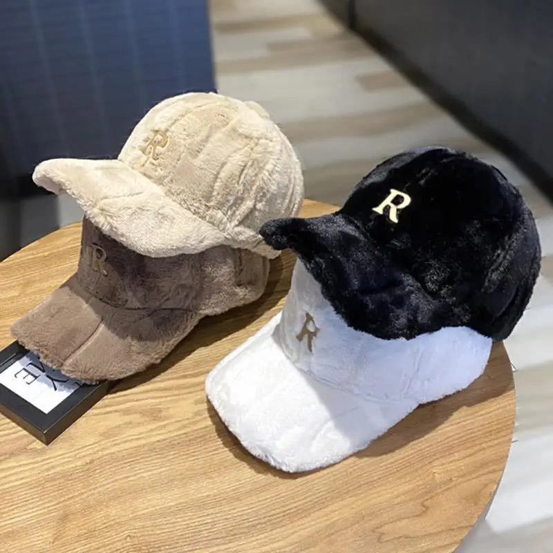 Warm Baseball Hat Couple Street Duckbill Hat Autumn And Winter Rabbit Fur Velvet R Letter Label Thick Warm Hat