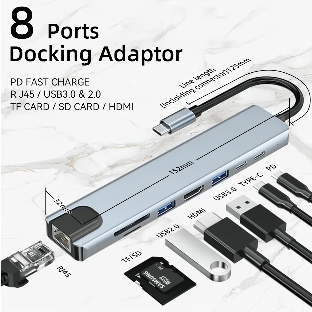 USB C HUB with 4K HDMI 100W PD USB C Port USB 3.0 RJ45 Ethernet SD