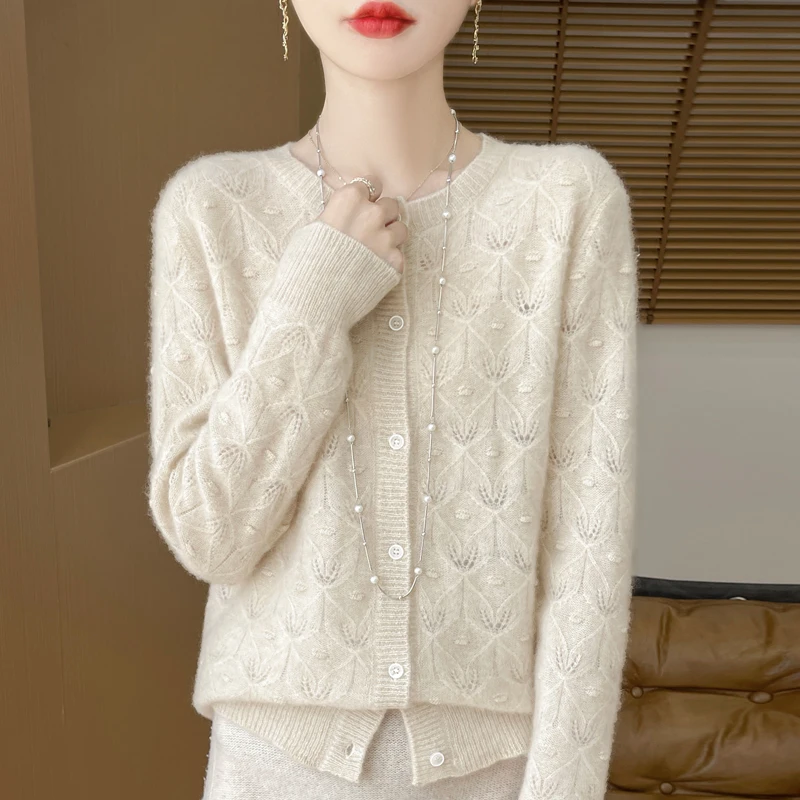 100% Merino Wool Long Sleeve Sweaters Cashmere Cardigan Autumn Winter Women Hollow-out O-Neck Knitwear Tops Clothing Fashion Top 6